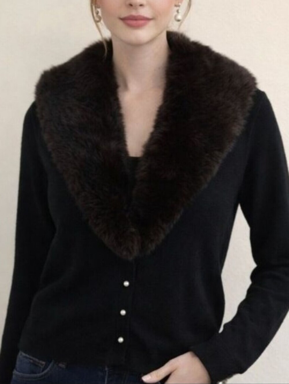 Turbo Vintage Black Cardigan with Real Fur Collar And Faux Pearl Button Accents